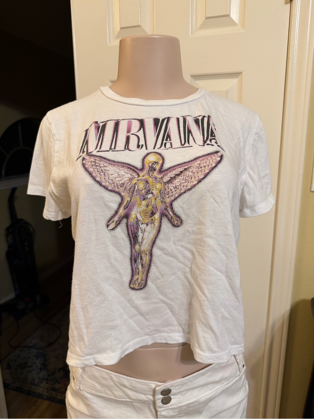 NIRVANA White Short Sleeve Graphic Crop Tee with Purple & Gold Angel